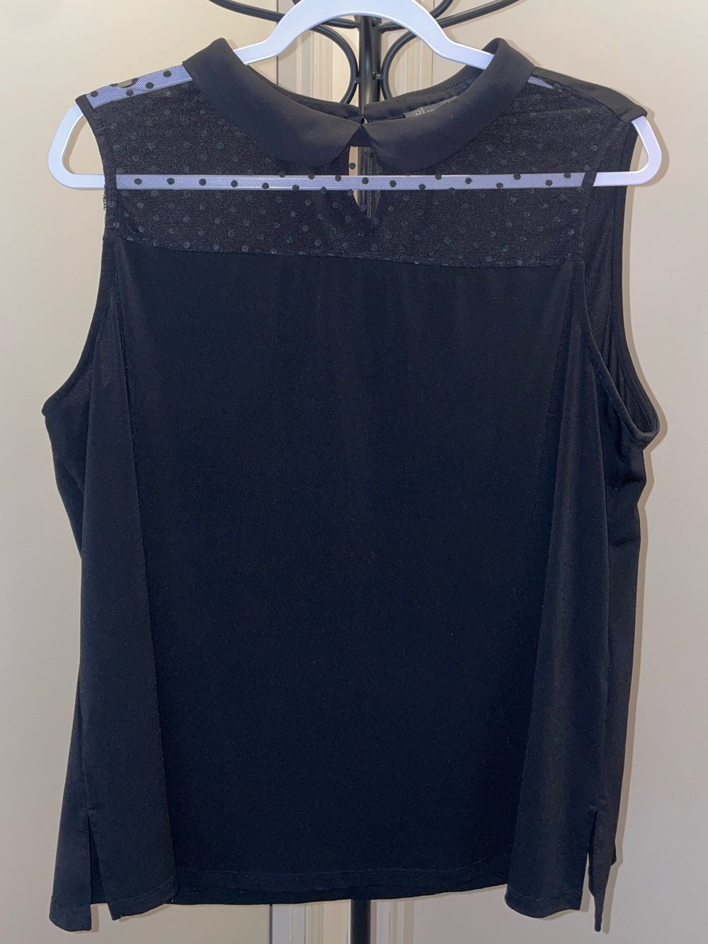 Adrianna Papell Black Sleeveless Top with Mesh Yoke and Peter Pan Collar